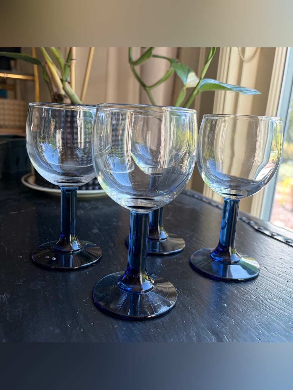 Sasaki Romance Blue stem cordial liqueur glasses set of 4 Vintage